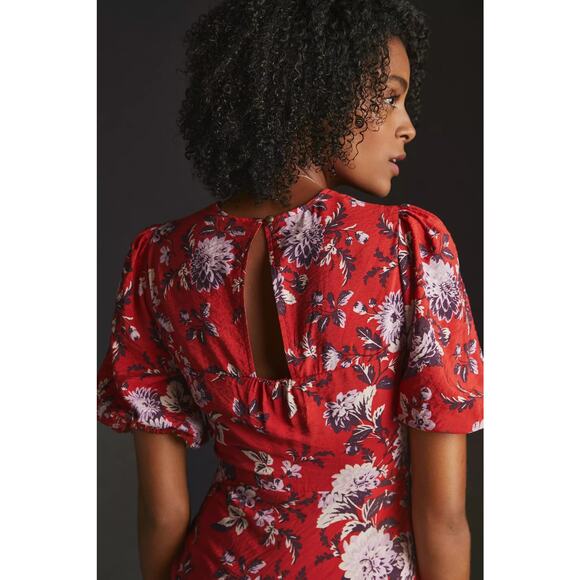 New Anthropologie Maeve Puff-Sleeve Floral Midi Dress $160 SIZE 6 Red - Picture 3 of 5